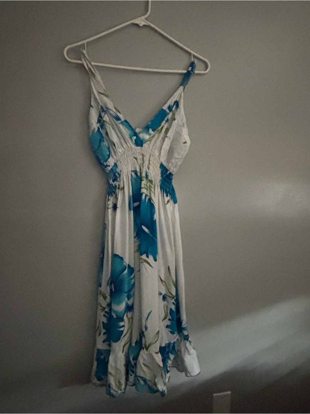 White Maxi Dress with Blue Floral Print - Women